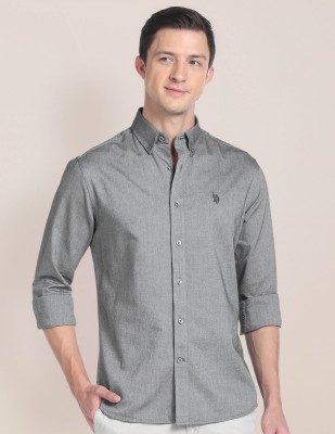 U.S. POLO ASSN. Men Self Design Casual Grey Shirt