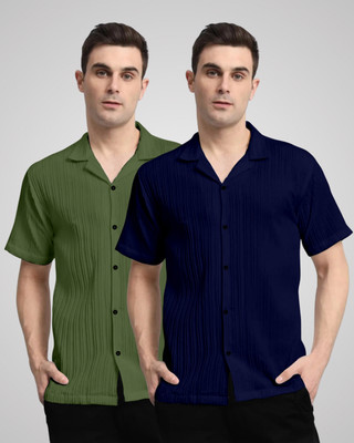 kruze Men Self Design Casual Green, Dark Blue Shirt(Pack of 2)