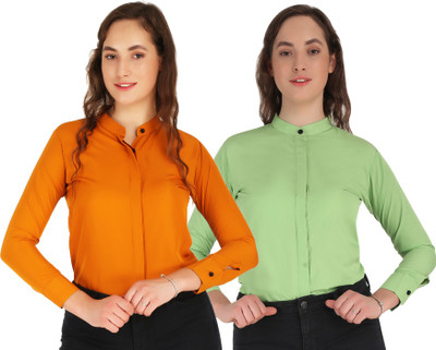 Hunoor Women Solid Casual Orange, Light Green Shirt(Pack of 2)