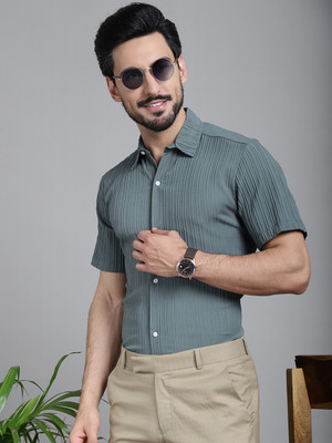 Indian Needle Men Striped Formal Grey Shirt