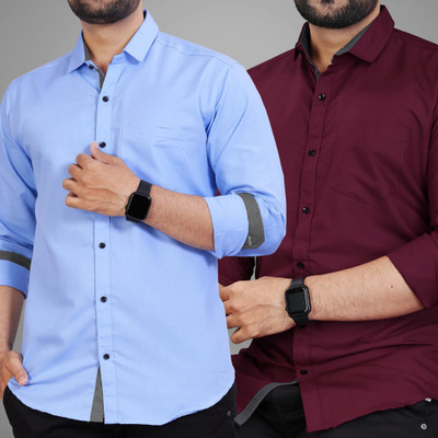 BROWEARS Men Solid Casual Grey, Maroon Shirt(Pack of 2)