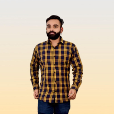 Marc Laurent Men Checkered Formal Blue, Yellow Shirt