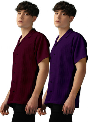 OXXOM Men Self Design, Striped Casual Maroon, Purple Shirt(Pack of 2)