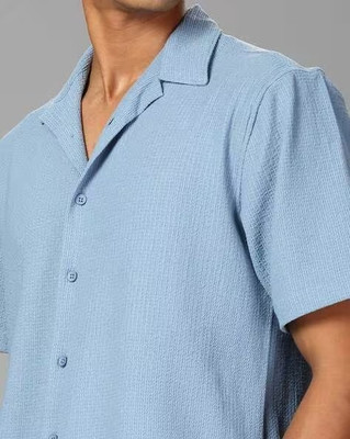 British Club Men Self Design Casual Light Blue Shirt