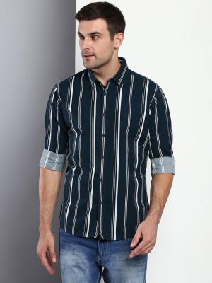 Dennis Lingo Men Striped Casual Dark Blue Shirt