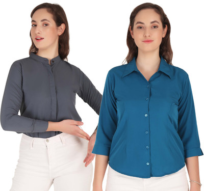 Miranga Women Solid Formal Blue Shirt(Pack of 2)