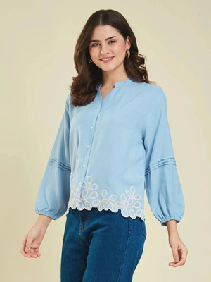 J TURRITOPSIS Women Embroidered Casual Blue Shirt