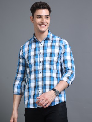 SPRNG Men Checkered Casual Light Blue, White, Black Shirt