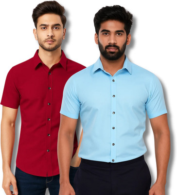 RAREMARK Men Solid Formal Maroon, Blue Shirt(Pack of 2)