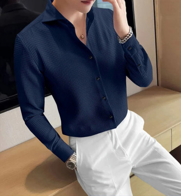 GCFAB Men Checkered, Self Design Casual Dark Blue Shirt