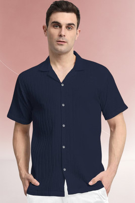 A DEEMOON TREND Men Self Design Casual Dark Blue Shirt