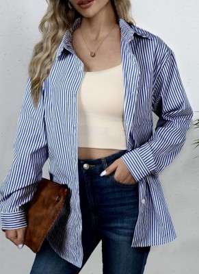 Femibazaar Women Striped Casual Dark Blue Shirt