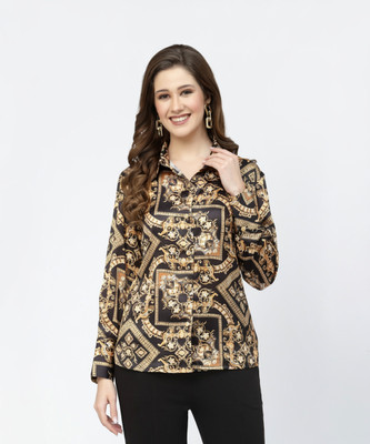 POPWINGS Women Printed Casual Black, Gold Shirt