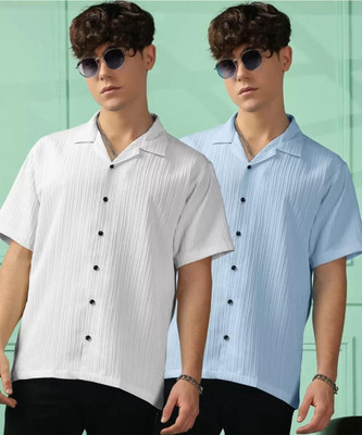 VRLOOKS Men Self Design Casual Light Blue, White Shirt(Pack of 2)