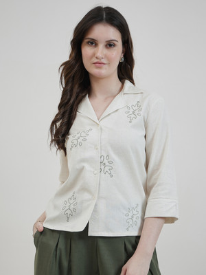 Boho By Athena Women Embroidered Casual Green Shirt