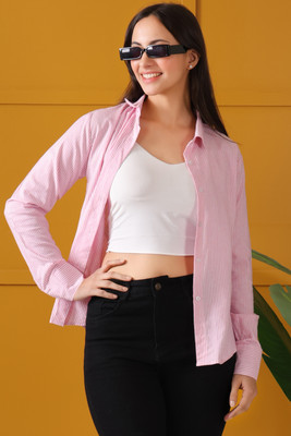 swaggish Women Striped Casual Pink Shirt