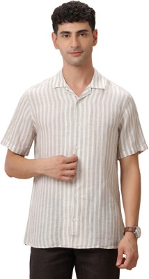 Linen Club Men Striped Casual Beige Shirt