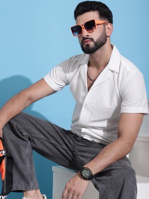 Indian Needle Men Self Design Casual White Shirt