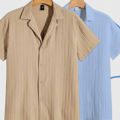 Jenil Fashion Men Self Design Casual Cream, Light Blue Shirt