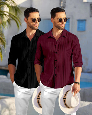 HEMAS LIFESTYLE Men Self Design Casual Black, Maroon Shirt(Pack of 2)