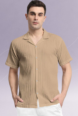 A DEEMOON TREND Men Self Design Casual Cream Shirt