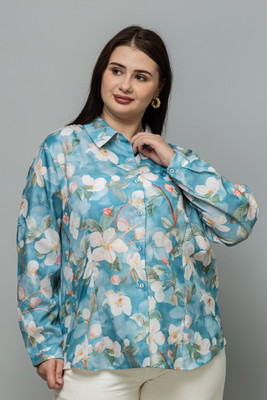 PURYS Women Floral Print Casual Blue Shirt