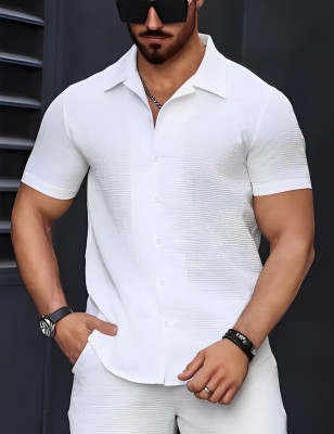 THE XOS Men Self Design Casual White Shirt