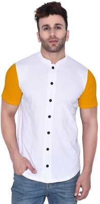 Money Leaf Men Solid Casual White, Gold Shirt