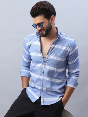 Indian Needle Men Striped Casual Blue Shirt