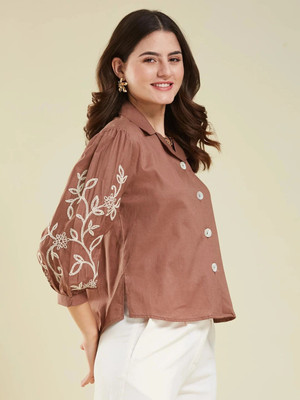 J TURRITOPSIS Women Embroidered Casual Brown Shirt