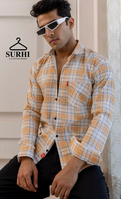 Surhi Men Checkered Casual Orange, White Shirt