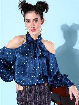 QUIERO Women Polka Print Casual Dark Blue Shirt