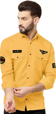 CCrafts Men Self Design Casual Yellow Shirt