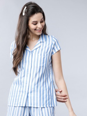 Tokyo Talkies Women Striped Casual White, Blue Shirt