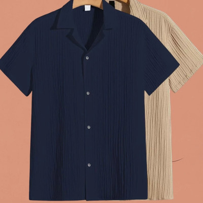 Looksky Men Self Design, Solid Casual Dark Blue, Beige Shirt(Pack of 2)