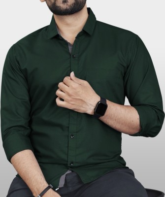 MUMIN Men Solid Casual Dark Green Shirt