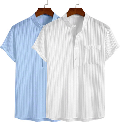 FUBACK Men Self Design Casual White, Light Blue Shirt