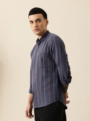 Mr Bowerbird Men Striped Casual Dark Blue Shirt