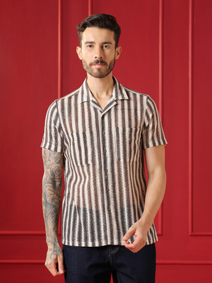 VALENCLUB Men Striped Casual Brown, White Shirt