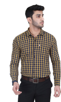 Marc Laurent Men Checkered Formal Dark Blue, Yellow Shirt