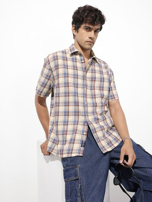 Roadster Men Checkered Casual Beige Shirt