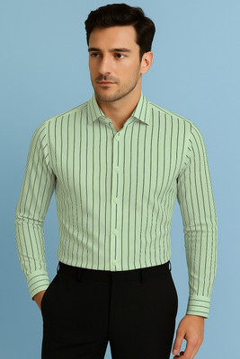 JACKBELLA Men Striped Casual Light Green Shirt