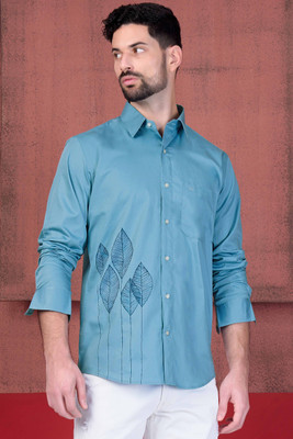 french crown Men Printed Formal Blue Shirt