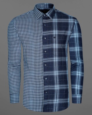 french crown Men Checkered Casual Dark Blue, Light Blue Shirt