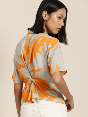 her by invictus Women Printed Casual Yellow, Grey Shirt