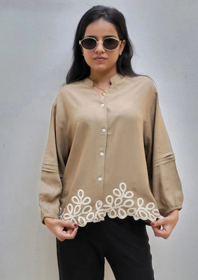 J TURRITOPSIS Women Embroidered Casual Khaki Shirt