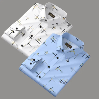 Cubix Men Graphic Print Casual White, Light Blue Shirt(Pack of 2)