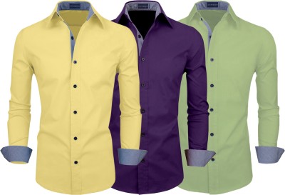 ZOMBOM Men Solid Casual Yellow, Purple, Light Green Shirt(Pack of 3)