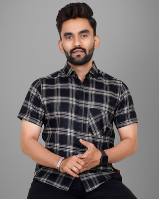 Voroxy Men Checkered Casual Black, White Shirt