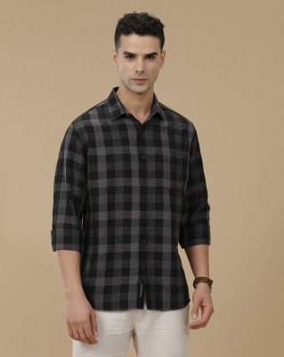 Linen Club Men Checkered Casual Black Shirt